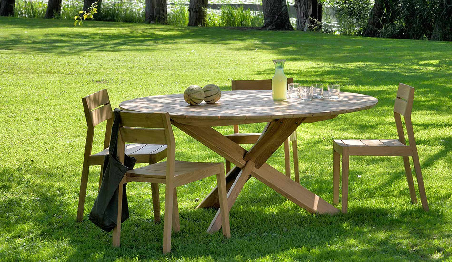 ethnicraft teak circle outdoor dining table group