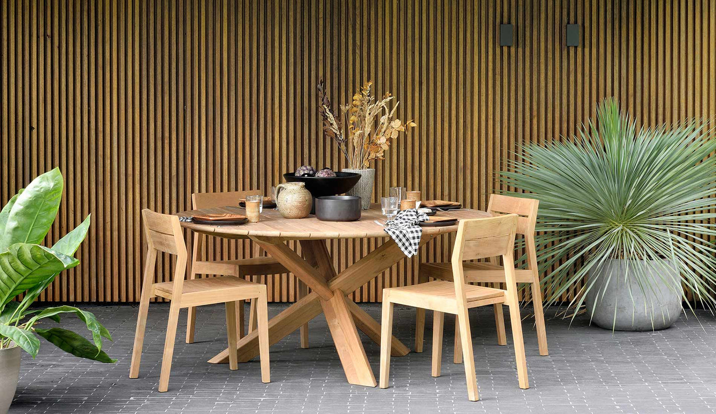 ethnicraft teak circle outdoor dining table group