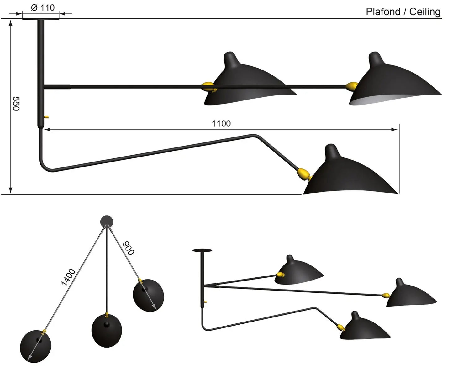 Serge Mouille Suspension Trois Bras Dont Un Pivotant sketch